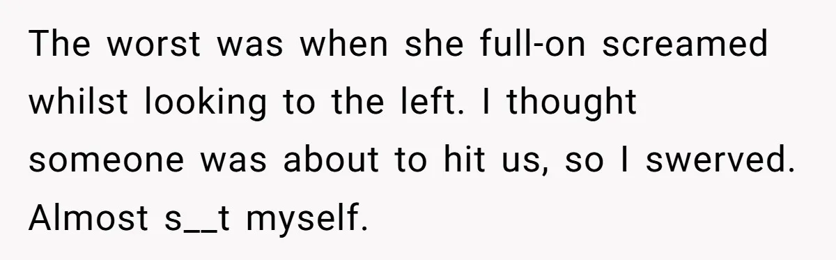 The worst was when she full-on screamed whilst looking to the left. I thought someone was about to hit us, so I swerved. Almost s__t myself.