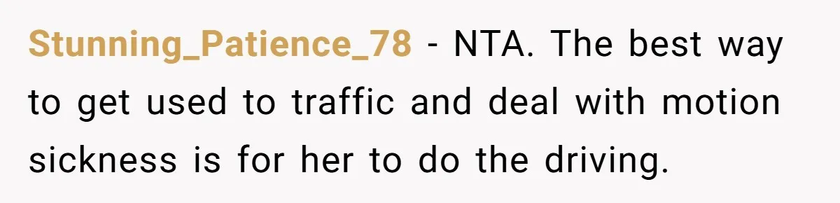 Stunning_Patience_78 − NTA. The best way to get used to traffic and deal with motion sickness is for her to do the driving.