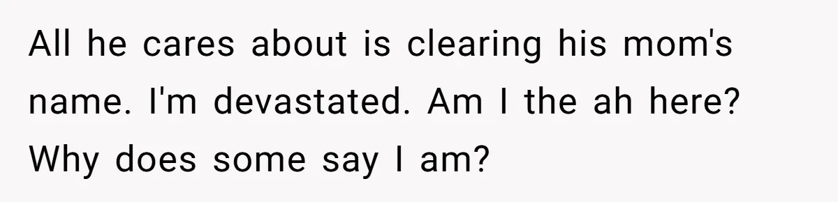 All he cares about is clearing his mom's name. I'm devastated. Am I the ah here? Why does some say I am?
