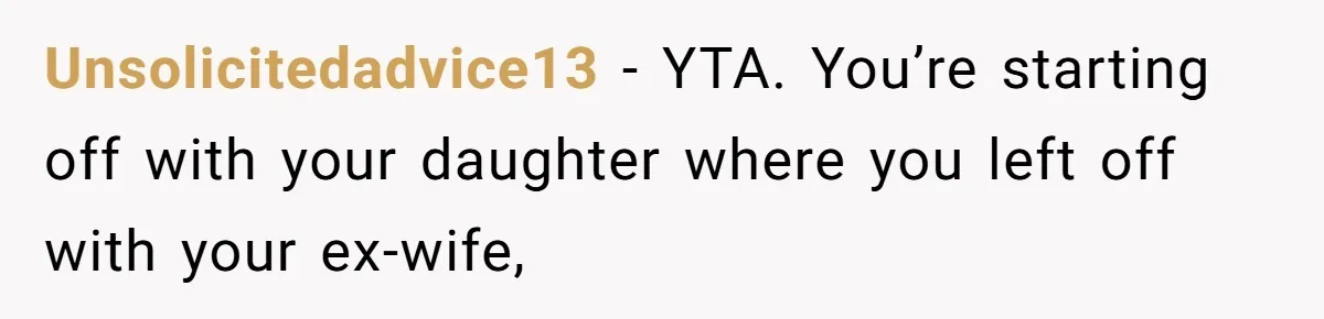 Unsolicitedadvice13 − YTA. You’re starting off with your daughter where you left off with your ex-wife,