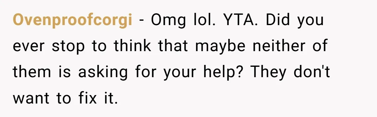 Ovenproofcorgi − Omg lol. YTA. Did you ever stop to think that maybe neither of them is asking for your help? They don't want to fix it.