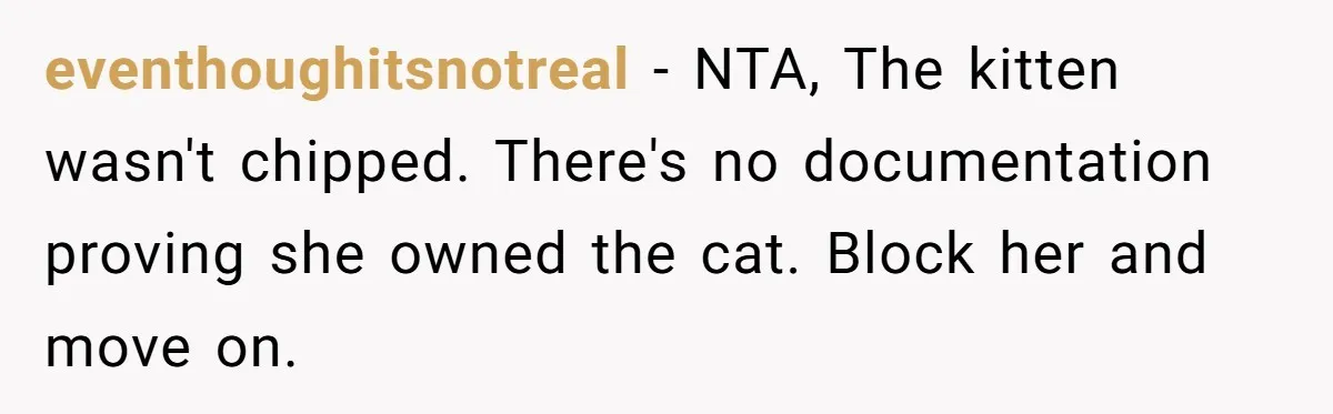 eventhoughitsnotreal − NTA, The kitten wasn't chipped. There's no documentation proving she owned the cat. Block her and move on.