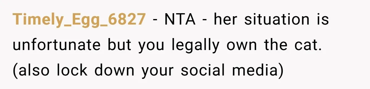 Timely_Egg_6827 − NTA - her situation is unfortunate but you legally own the cat. (also lock down your social media)