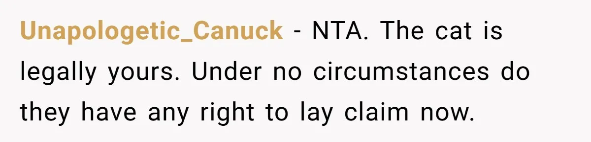 Unapologetic_Canuck − NTA. The cat is legally yours. Under no circumstances do they have any right to lay claim now.
