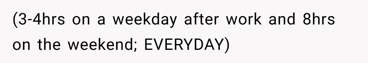 (3-4hrs on a weekday after work and 8hrs on the weekend; EVERYDAY)