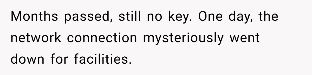 Months passed, still no key. One day, the network connection mysteriously went down for facilities.