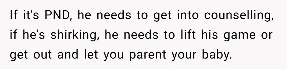 If it's PND, he needs to get into counselling, if he's shirking, he needs to lift his game or get out and let you parent your baby.