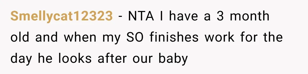 Smellycat12323 − NTA I have a 3 month old and when my SO finishes work for the day he looks after our baby