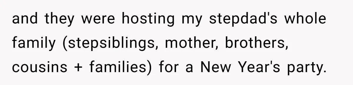 and they were hosting my stepdad's whole family (stepsiblings, mother, brothers, cousins + families) for a New Year's party.