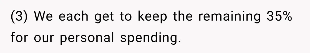 Woman Refuses To Help Pay For Fiancé’s Best Friend’s Medical Bills, Calls Him A “Loser” (3) We each get to keep the remaining 35% for our personal spending.