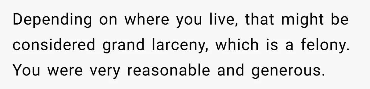 Depending on where you live, that might be considered grand larceny, which is a felony. You were very reasonable and generous.