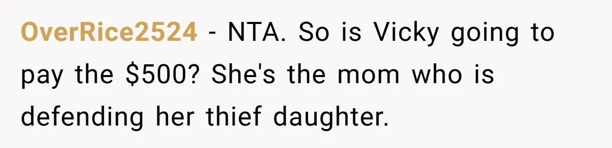 OverRice2524 − NTA. So is Vicky going to pay the $500? She's the mom who is defending her thief daughter.