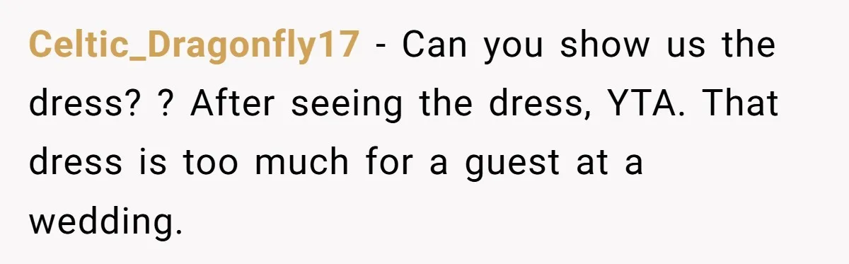 Celtic_Dragonfly17 − Can you show us the dress? ? After seeing the dress, YTA. That dress is too much for a guest at a wedding.