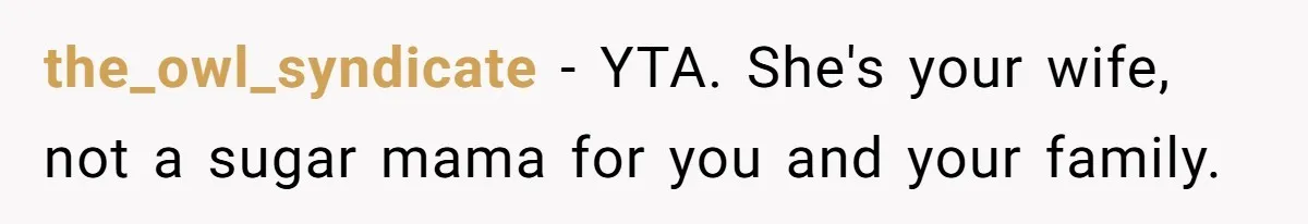 the_owl_syndicate − YTA. She's your wife, not a sugar mama for you and your family.