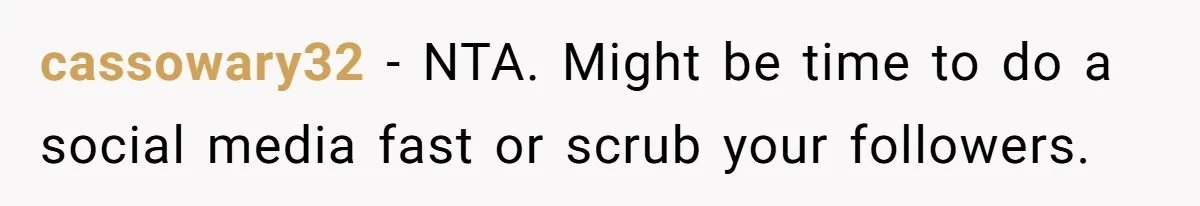 cassowary32 − NTA. Might be time to do a social media fast or scrub your followers.