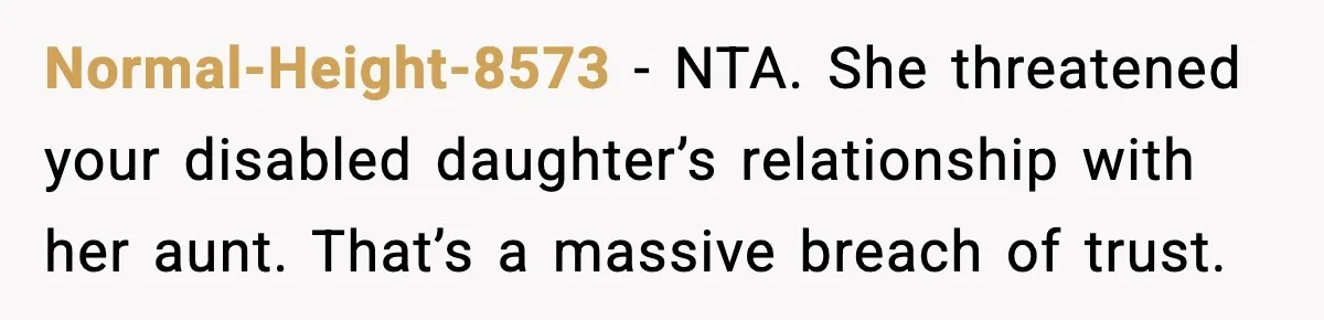 Normal-Height-8573 - NTA. She threatened your disabled daughter’s relationship with her aunt. That’s a massive breach of trust.