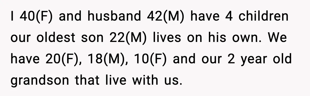 I 40(F) and husband 42(M) have 4 children our oldest son 22(M) lives on his own. We have 20(F), 18(M), 10(F) and our 2 year old grandson that live with...