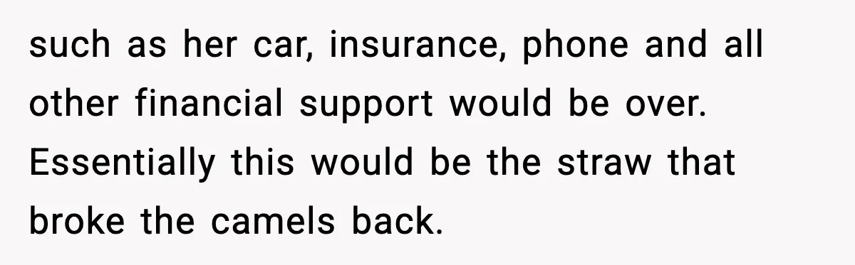 such as her car, insurance, phone and all other financial support would be over. Essentially this would be the straw that broke the camels back.