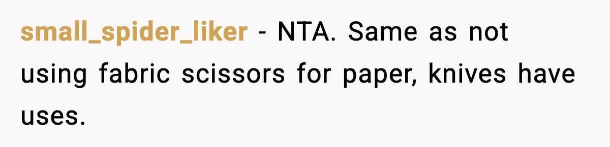 small_spider_liker - NTA. Same as not using fabric scissors for paper, knives have uses.