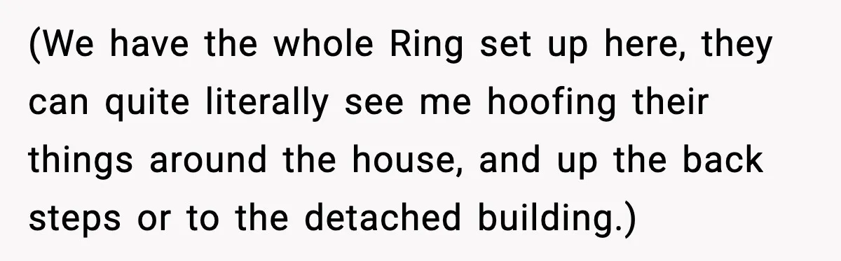 (We have the whole Ring set up here, they can quite literally see me hoofing their things around the house, and up the back steps or to the detached building.)