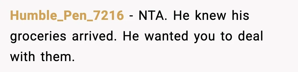 Humble_Pen_7216 - NTA. He knew his groceries arrived. He wanted you to deal with them.