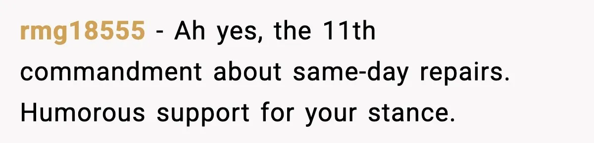 rmg18555 - Ah yes, the 11th commandment about same-day repairs. Humorous support for your stance.