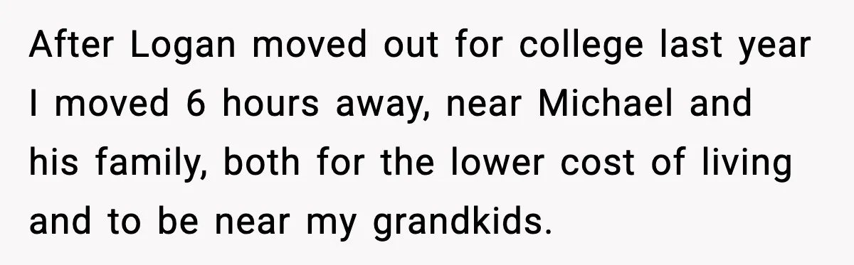 After Logan moved out for college last year I moved 6 hours away, near Michael and his family, both for the lower cost of living and to be near my...