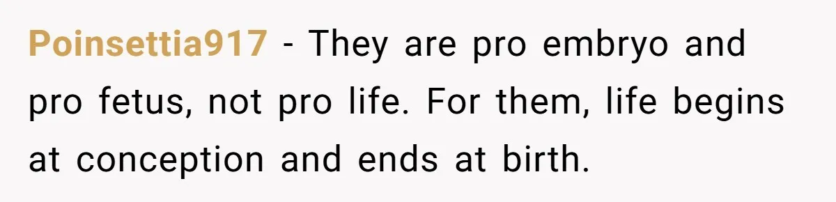 Poinsettia917 − They are pro embryo and pro fetus, not pro life. For them, life begins at conception and ends at birth.