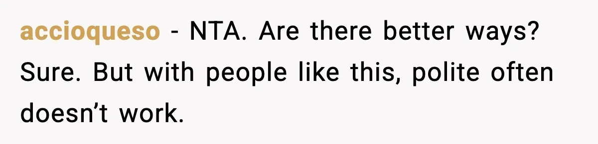accioqueso − NTA. Are there better ways? Sure. But with people like this, polite often doesn’t work.