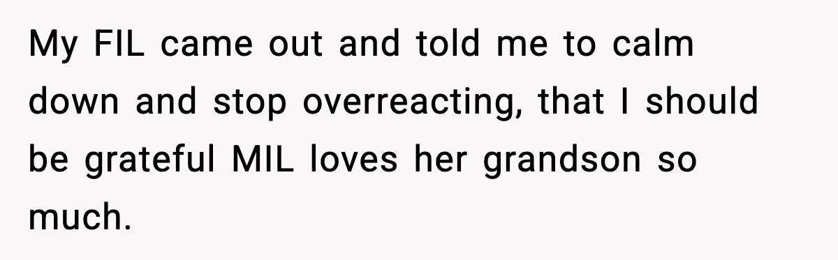 My FIL came out and told me to calm down and stop overreacting, that I should be grateful MIL loves her grandson so much.