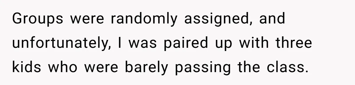 Groups were randomly assigned, and unfortunately, I was paired up with three kids who were barely passing the class.