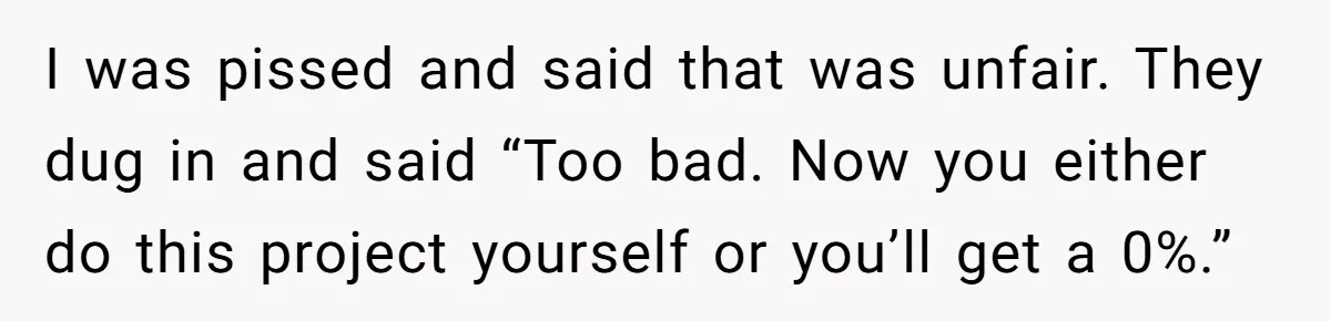 I was pissed and said that was unfair. They dug in and said “Too bad. Now you either do this project yourself or you’ll get a 0%.”