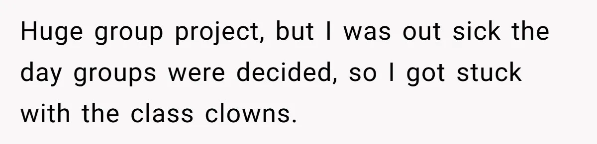 Huge group project, but I was out sick the day groups were decided, so I got stuck with the class clowns.