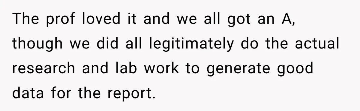 The prof loved it and we all got an A, though we did all legitimately do the actual research and lab work to generate good data for the report.