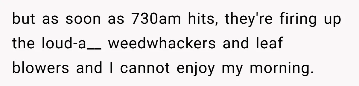 but as soon as 730am hits, they're firing up the loud-a__ weedwhackers and leaf blowers and I cannot enjoy my morning.