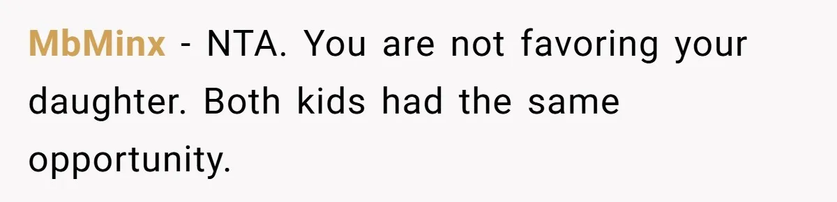 MbMinx − NTA. You are not favoring your daughter. Both kids had the same opportunity.