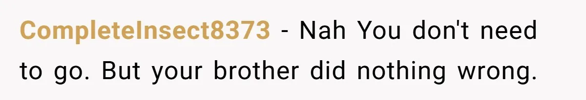 CompleteInsect8373 − Nah You don't need to go. But your brother did nothing wrong.