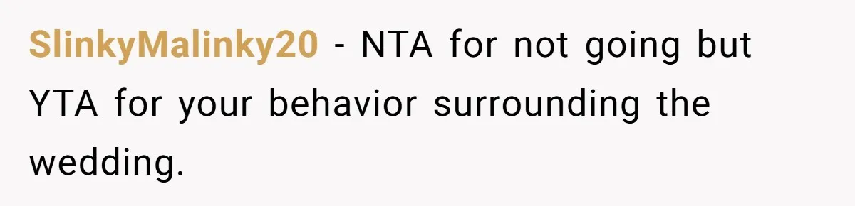 SlinkyMalinky20 − NTA for not going but YTA for your behavior surrounding the wedding.