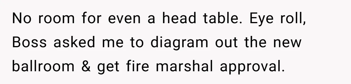 No room for even a head table. Eye roll, Boss asked me to diagram out the new ballroom & get fire marshal approval.