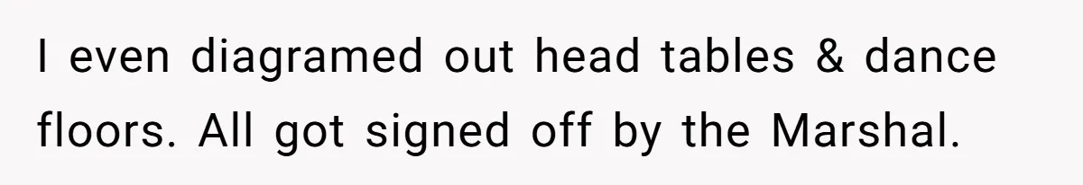 I even diagramed out head tables & dance floors. All got signed off by the Marshal.