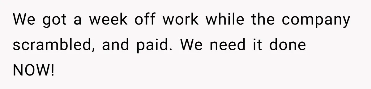 We got a week off work while the company scrambled, and paid. We need it done NOW!