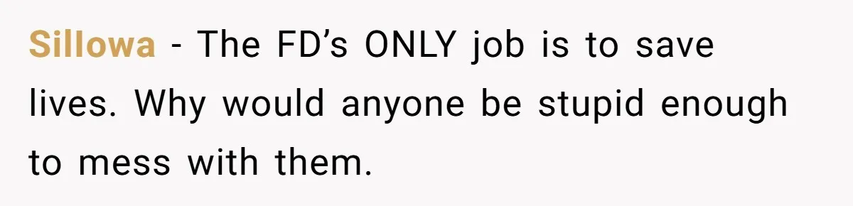 SilIowa − The FD’s ONLY job is to save lives. Why would anyone be stupid enough to mess with them.