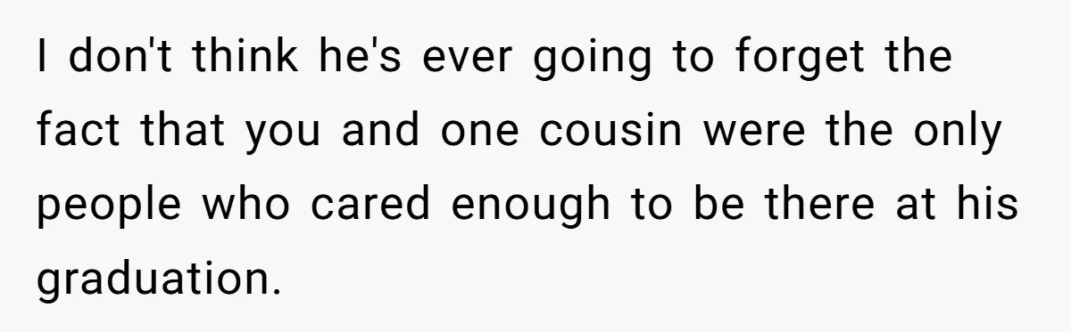 No One Shows Up On Brother's Big Day, Except For Sister And Cousin, Leaving Him Resentful Forever I don't think he's ever going to forget the fact that you and one cousin were the only people who cared enough to be there at his graduation.