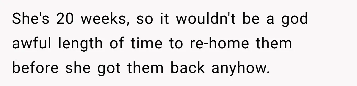 She's 20 weeks, so it wouldn't be a god awful length of time to re-home them before she got them back anyhow.