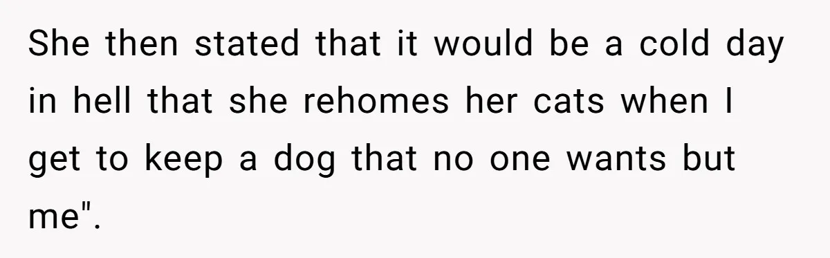 She then stated that it would be a cold day in hell that she rehomes her cats when I get to keep a dog that no one wants but me".