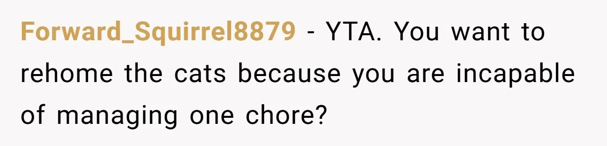 Forward_Squirrel8879 − YTA. You want to rehome the cats because you are incapable of managing one chore?