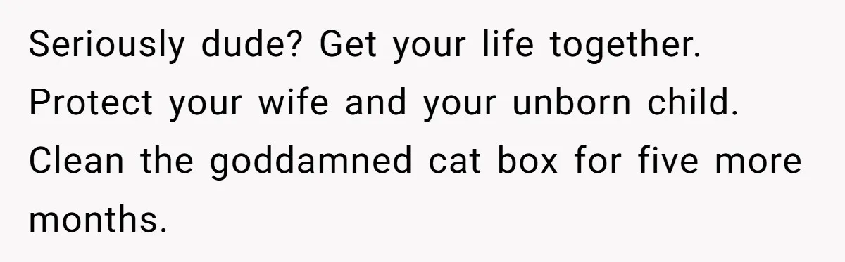 Seriously dude? Get your life together. Protect your wife and your unborn child. Clean the goddamned cat box for five more months.