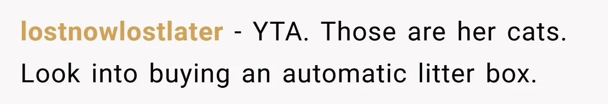 lostnowlostlater − YTA. Those are her cats. Look into buying an automatic litter box.