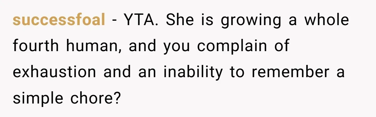 successfoal − YTA. She is growing a whole fourth human, and you complain of exhaustion and an inability to remember a simple chore?