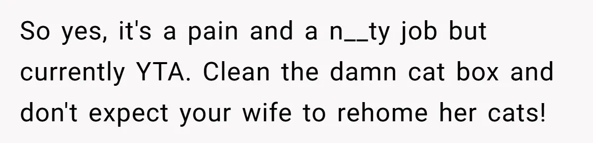 So yes, it's a pain and a n__ty job but currently YTA. Clean the damn cat box and don't expect your wife to rehome her cats!